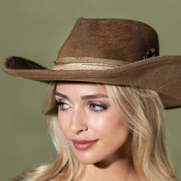 Distressed Burned Brown Faux Suede Shapeable Brim Women's Hat - Picture 7 of 8
